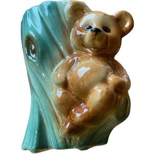 Royal Copley Vintage Bear Planter, Ceramic Tree Stump and Bear Vase, Brown